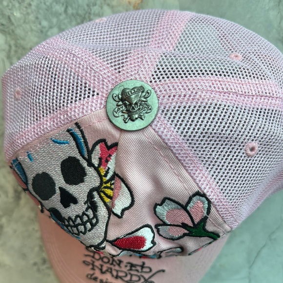 Retro Don Ed Hardy Pink Skull and Floral Truck Hat - Picture 5 of 5